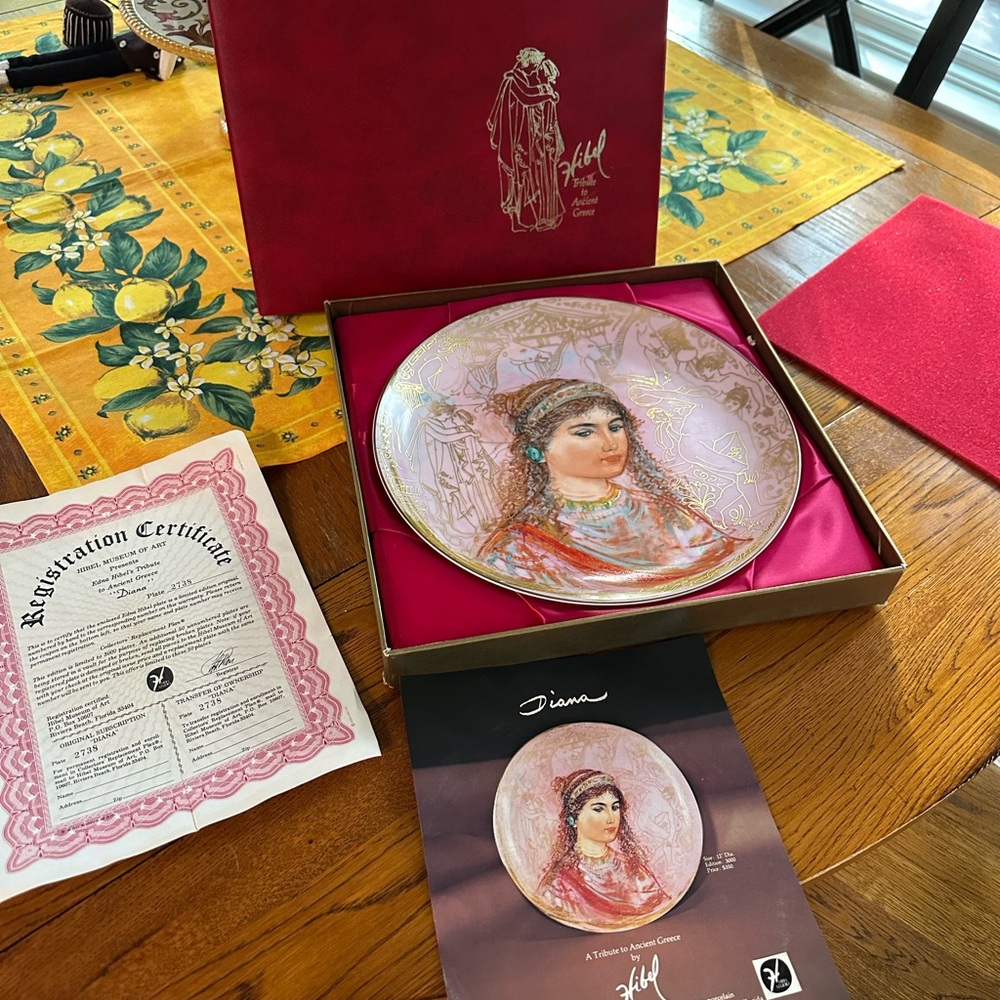 Large Edna Hibel Diana Plate Tribute to Ancient Greece   #2738- New in Box-RARE